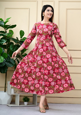 rainy rose Women Printed Anarkali Kurta(Pink)