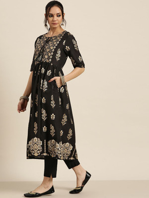 ANOUK Women Printed Anarkali Kurta(Black)