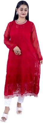 Fashion Chikan Art Women Self Design Flared Kurta(Red)