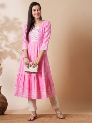 Globus Women Printed A-line Kurta(Pink)