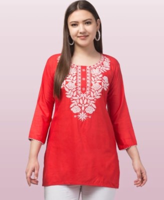 Eminent Enterprise Women Embroidered Straight Kurta(Red, White)