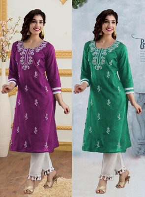 vikshi Women Chikan Embroidery A-line Kurta(Purple, Green)