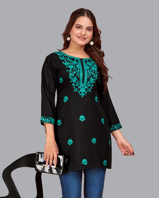 Kalasia Creation Women Embroidered Straight Kurta(Black, Blue)