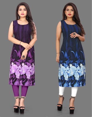 tanvi creation Women Printed Straight Kurta(Purple, Blue)