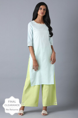 W Women Embroidered Straight Kurta(Light Blue)