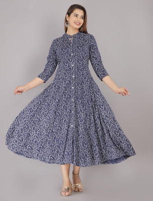 BHAGLI Women Fit and Flare Dark Blue Midi/Calf Length Dress
