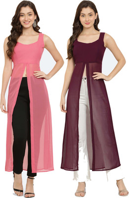 VESICLE Women Solid Frontslit Kurta(Pink, Purple)