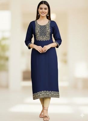 RAMWEAVERS Women Embroidered Straight Kurta(Light Blue)