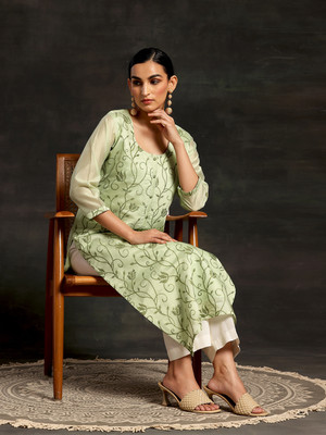 LIBAS Women Embroidered Straight Kurta(Light Green)