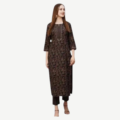 HouseOfCommon Women Printed Straight Kurta(Brown)