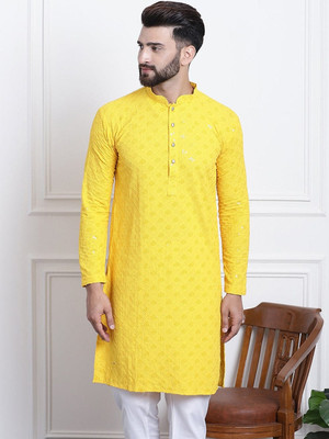 gentelmen Men Chikan Embroidery Ethnic Dress Kurta(Yellow)