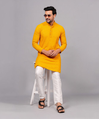 ELEPANTS Men Embellished Flared Kurta(Yellow)