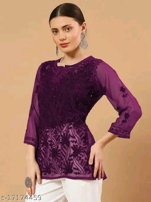 LucknowiPoshak Women Embroidered Straight Kurta(Purple)