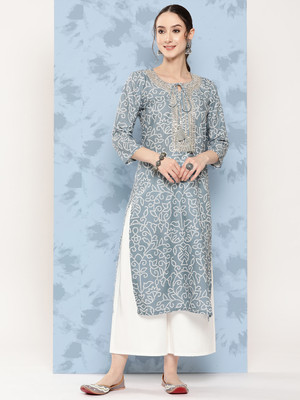 Varanga Women Embroidered Straight Kurta(Grey, White)