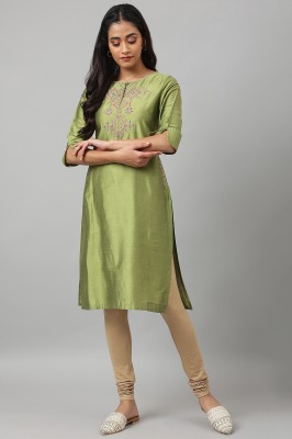 W Women Embroidered Straight Kurta(Green)