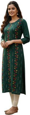 ARATIENTERPRISE Women Embroidered, Floral Print, Self Design Straight Kurta(Green)
