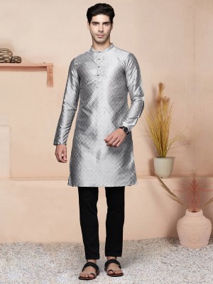 Indo Era Men Woven Design Straight Kurta(Grey)