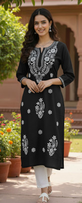 ChikankariArts Women Embroidered Straight Kurta(Yellow)