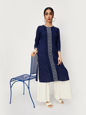 MAX Women Embroidered Straight Kurta(Blue)