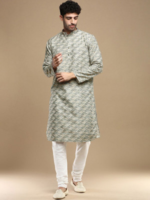 ANOUK Men Geometric Print Straight Kurta(Green)