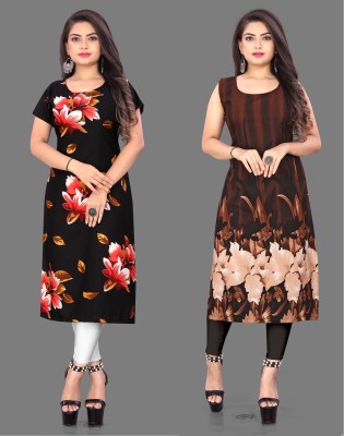 tanvi creation Women Floral Print Straight Kurta(Black, Brown)