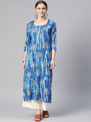 mokshi Women Printed Straight Kurta(Blue)