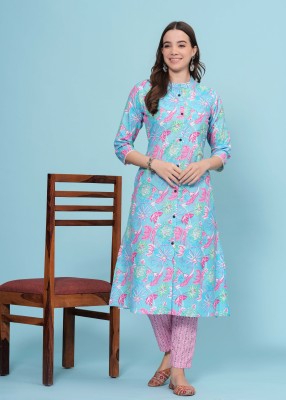 Dizon Women Floral Print A-line Kurta(Light Blue)