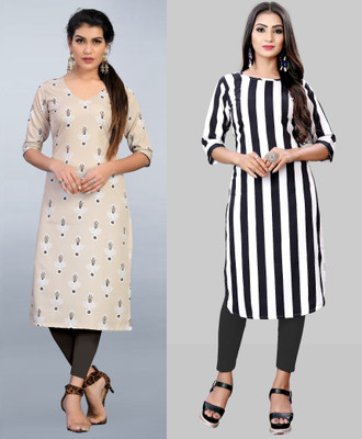 tanvi creation Women Printed Straight Kurta(Beige, White)