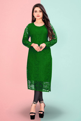 URUFASHIIONMART Women Self Design Straight Kurta(Green)