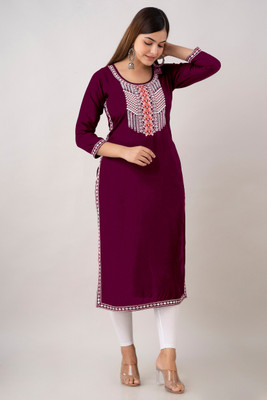 fantasy fab Women Embroidered Straight Kurta(Purple)
