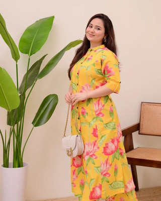 SURMO Women Floral Print, Printed Flared Kurta(Yellow)