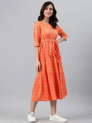 VASTRAM Women Fit and Flare Orange, White Midi/Calf Length Dress