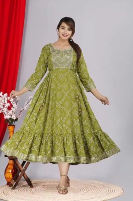 M S CREATIONS Women Printed, Self Design Anarkali Kurta(Green)