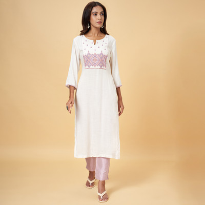 Rangmanch by Pantaloons Women Embroidered A-line Kurta(Beige)