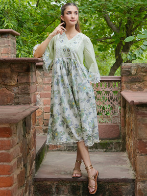 LIBAS Women Printed A-line Kurta(Green)