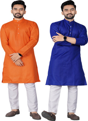 DHASU TRENDZ Men Solid Straight Kurta(Orange, Blue)