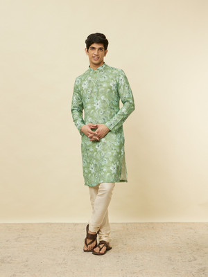 MANYAVAR Men Printed Straight Kurta(Light Green, White)
