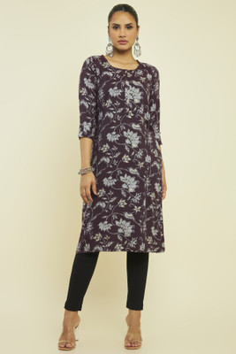 soch Women Floral Print Straight Kurta(Brown)