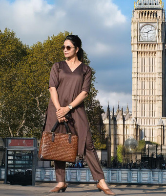 ISTOCAN Women Solid A-line Kurta(Brown)