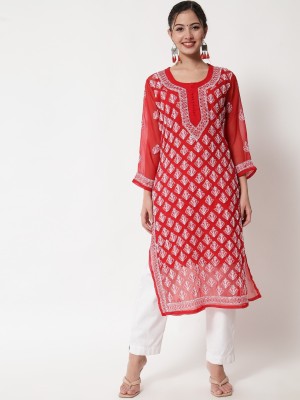 Neelam Chikan Women Chikan Embroidery Straight Kurta(Red)