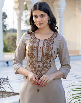 Samah Women Chikan Embroidery, Embellished, Dyed/Ombre, Self Design Straight Kurta(Beige)