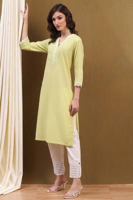 BIBA Women Solid Straight Kurta(Yellow)