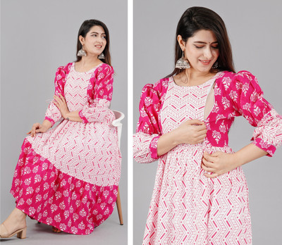 MANAV FASHIONS Women Printed Anarkali Kurta(White, Pink)
