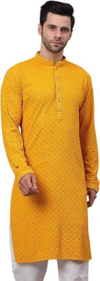 DHASU TRENDZ Men Chikan Embroidery Straight Kurta(Yellow)