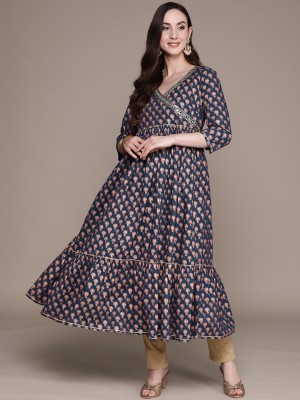 Ishin Women Floral Print Anarkali Kurta(Dark Blue)