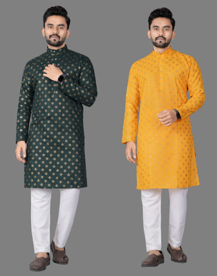 DHASU TRENDZ Men Printed Straight Kurta(Dark Green, Yellow)