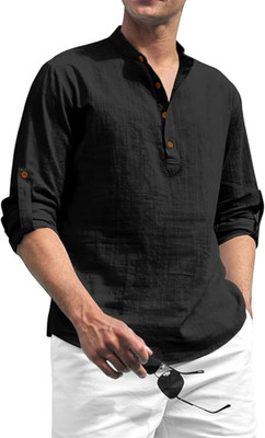 HouseOfCommon Men Solid Straight Kurta(Black)