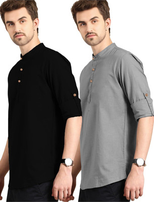 LENIA Men Solid Straight Kurta(Grey, Black)