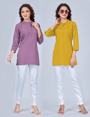 SPGR Women Solid Straight Kurta(Purple, Yellow)