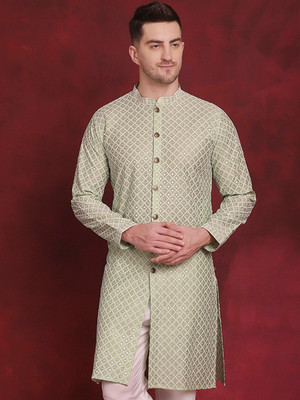 Jompers Men Embroidered Straight Kurta(Green)